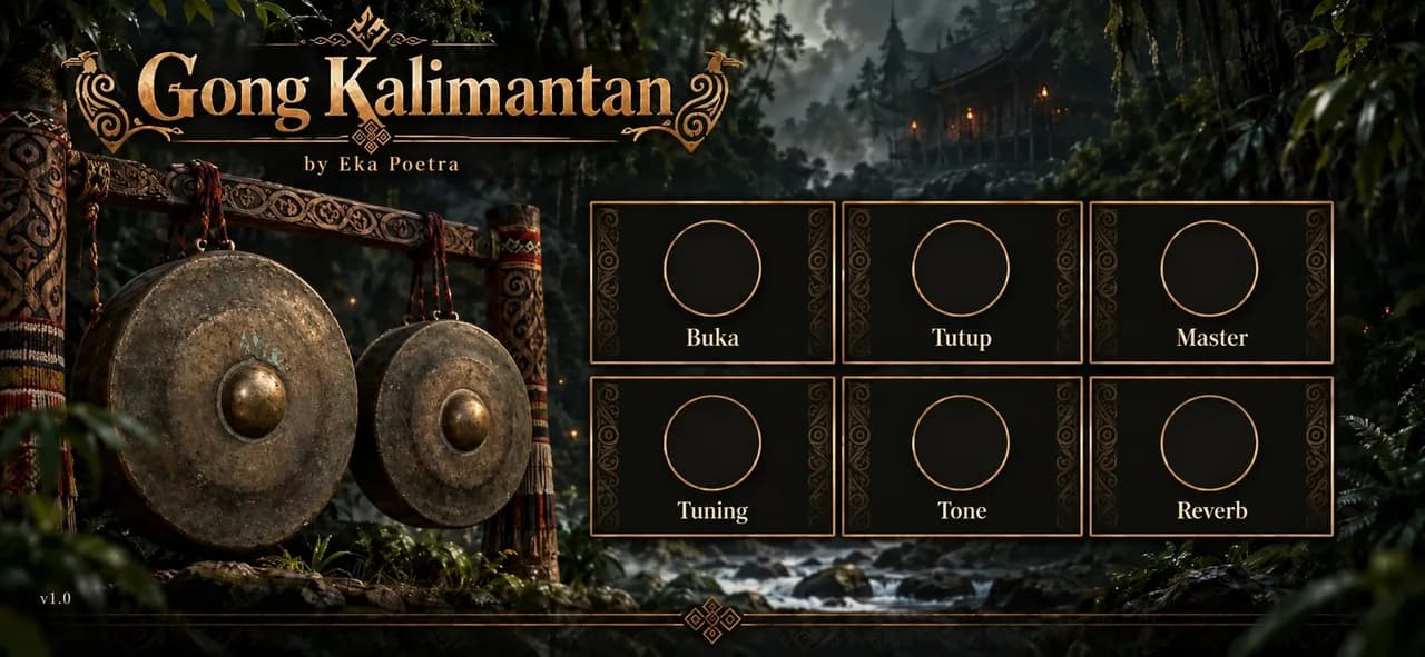 Tampilan instrumen Gong Kalimantan. Bukan foto instrumen terpisah atau kontrol interaktif.